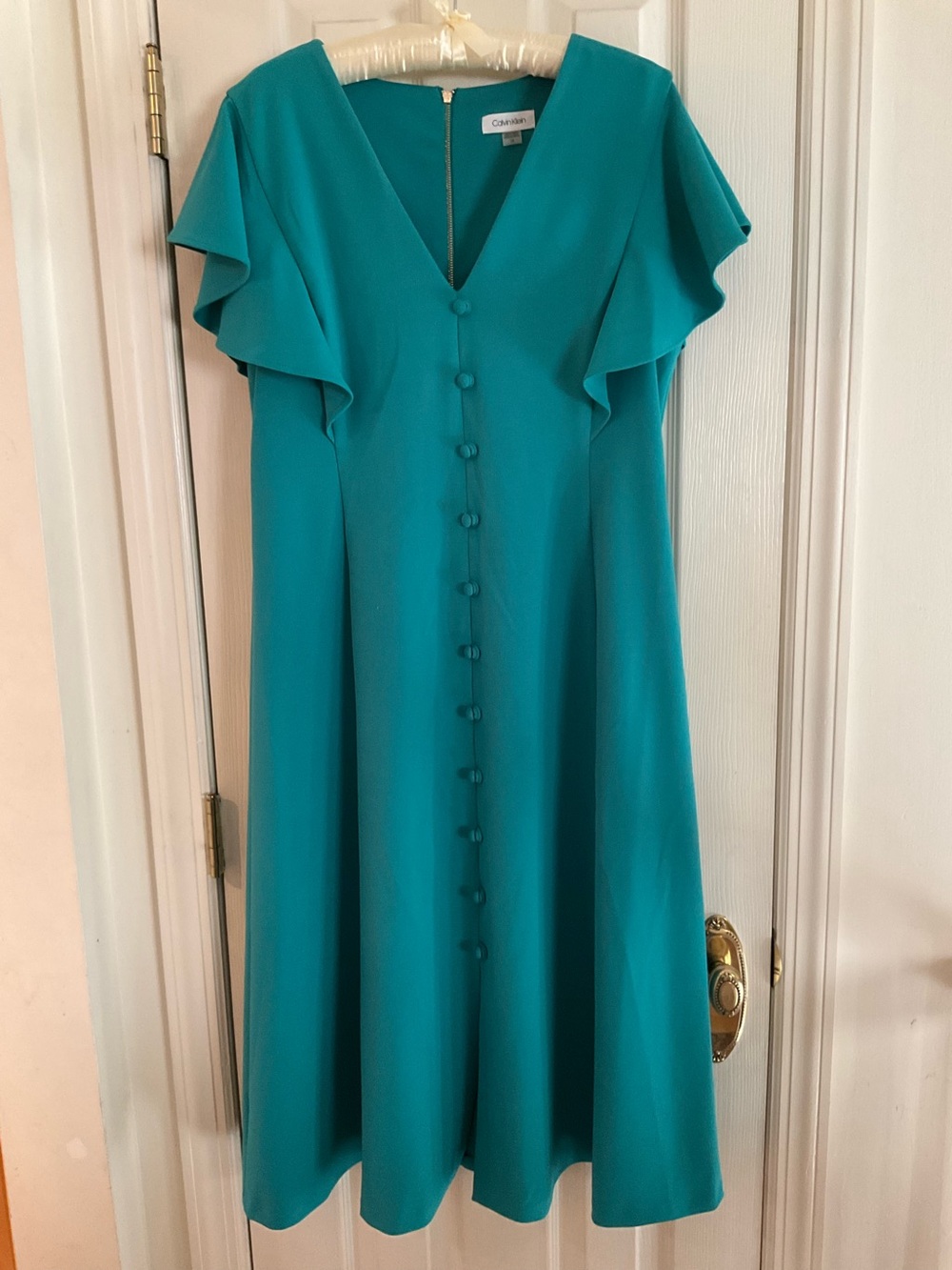 Calvin Klein Teal V-Neck Button-Front Dress with Flutter Sleeves size 14. NWOT